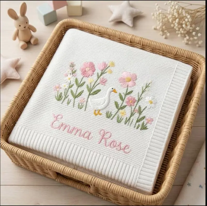 [Made-to-Order] Personalized Embroidered Goose Floral Baby Blanket - Duck Wildflower Knit Throw, Newborn Blanket, Nursery Keepsake, Newborn Gift For Baby