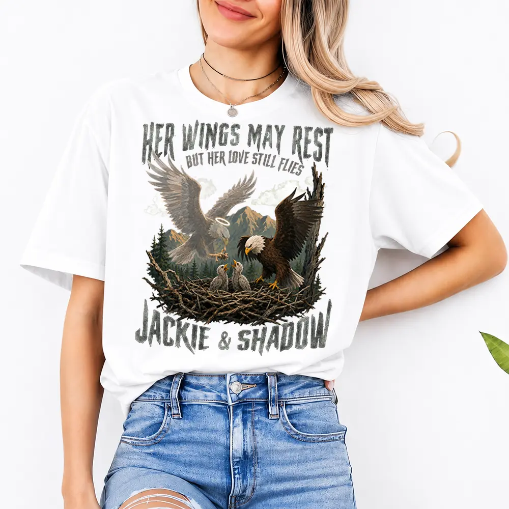 Her Wings May Rest T-Shirt, Jackie and Shadow Eagles Unisex Tee, Big Bear Lake Bald Eagles T-Shirt, Nature Lover Gift, Wildlife Enthusiast Shirt,Casual Crew Neck Short Sleeve Soft-Washed T-Shirt Tops for Women for Men