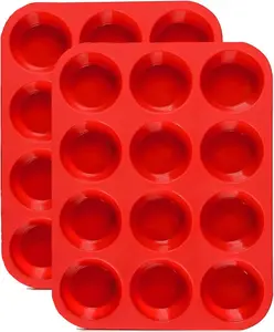 JEWOSTER 12 Cups Silicone Muffin Pan 2 Pack - Cupcake Pan Nonstick Silicone Molds Great for Making Muffin Cakes,Bread, Tart - BPA Free Baking Accessory