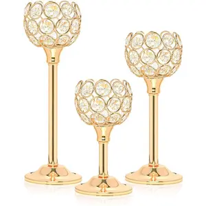 Crystal Metal Tealight Candlestick, Bling Bowl Candelabras, Tall Crystal Votive Candle Holders Elegant Crystal Candle Centerpiece for Dining Table Wedding Decor (Set of 3, Gold)