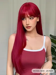 Women's Wine Long Straight Wig, Full Headset Hairpiece, Fashionable Casual Style, Heat Resistant Synthetic Fiber, All Seasons Wear, Synthetic Material Wigs