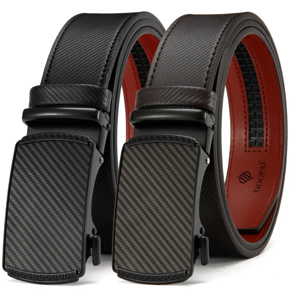 Men’s leather ratchet belt with easy release; designer belt suitable for dress and casual wear; adjustable buckle; ideal as a gift—Father’s Day gift/men’s accessories/business belt; no hole required; durable western belts [can be trimmed].