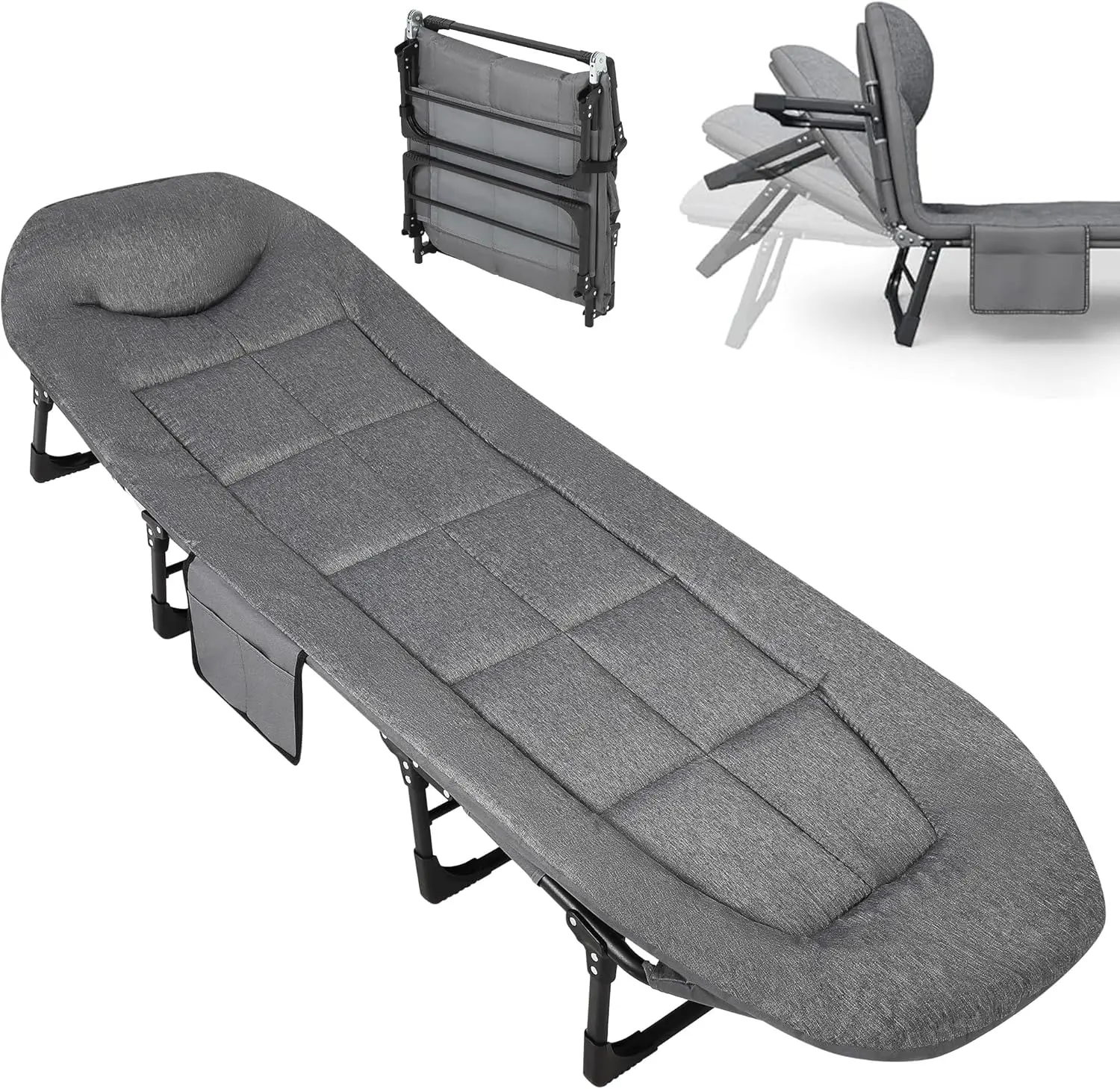 GAOMON 79in Metal Folding Single Bed - Soft, Portable, Space-Saving with Cushion, Pillow, Pocket Storage, X-Brace Stability Steel Frame, 500lbs Capacity Lightweight Cot for Indoor, Patio Use, Grey, 79 Inches