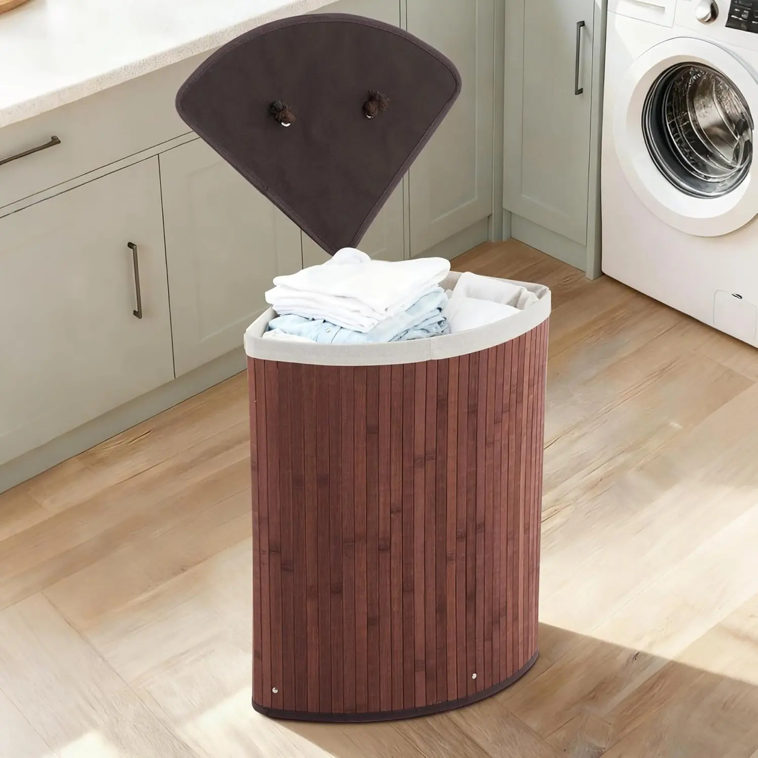 58L Laundry Basket with Lid, Bamboo Clothes Hampers for Laundry with Handles and Removable Bag, Large Foldable Laundry Hamper Dirty Hampers for Bedroom, Bathroom, Dorm, Laundry Room