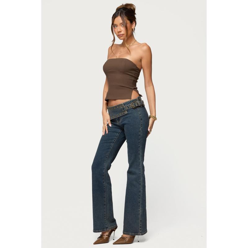 Asymmetric Grommet Belt Low Rise Flared Jeans
