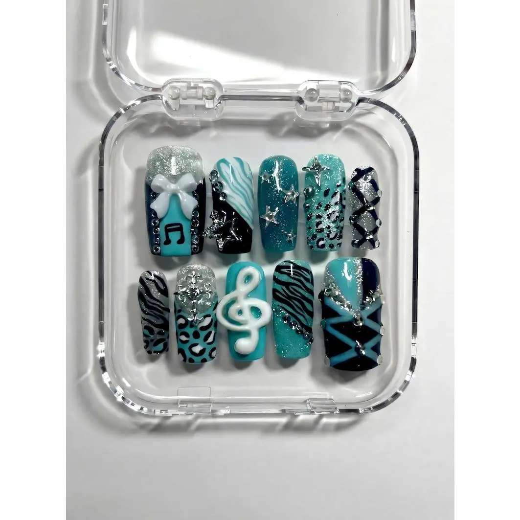 Y2K Scene Kid Press On Nails, Teal Zebra & Cheetah Print with 3D Music Note and Star Charms, Bold Emo Y2K Nail Art, Handmade Fake Nails for Party, Concert, Birthday Gift for Teens