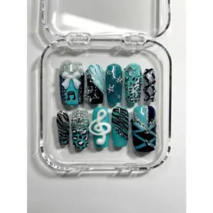 Y2K Scene Kid Press On Nails, Teal Zebra & Cheetah Print with 3D Music Note and Star Charms, Bold Emo Y2K Nail Art, Handmade Fake Nails for Party, Concert, Birthday Gift for Teens