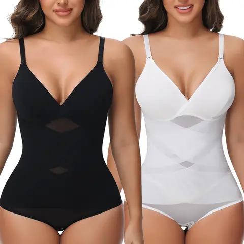 Women's Cute Bodysuit Shapewear - Spandex-Nylon Fit, Adjustable Straps, Elegant V-Neck, Tummy Control, Smooth Seamless, Moisture-Wicking, Preppy Retro Cheeky Design, for Office, Jacket Layering, Everyday Wear
