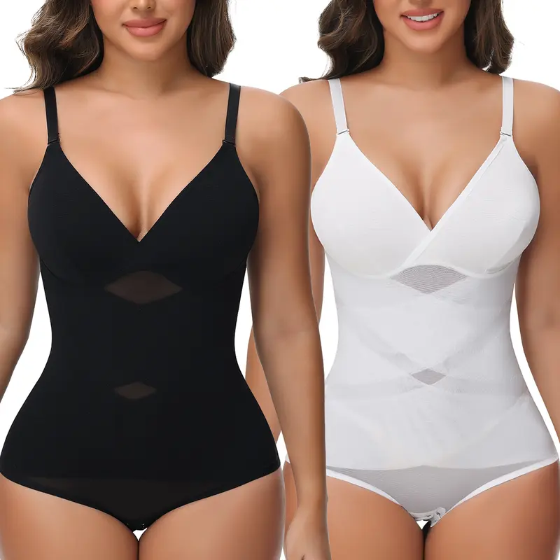 Women's Cute Bodysuit Shapewear - Spandex-Nylon Fit, Adjustable Straps, Elegant V-Neck, Tummy Control, Smooth Seamless, Moisture-Wicking, Preppy Retro Cheeky Design, for Office, Jacket Layering, Everyday Wear