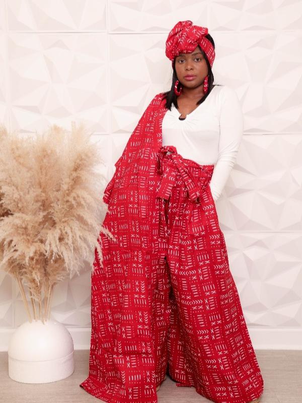 Red and White Kimono Tribal Print African Print Pant and Duster Set for Women - Womenswear, Clothing