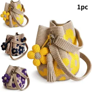 Handmade Crochet Flower Tote Bag, Women'S Knitted Floral Handbag, Bag With Cute Flower Tassel Decoration