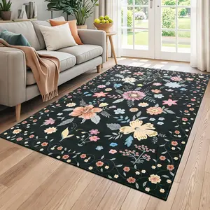 4x6 Kitchen Runner Floral Rug Runners for Hallway Bedroom,Soft Ultra-Thin Indoor Low Pile Flower Carpet with Non Slip Backing,Black