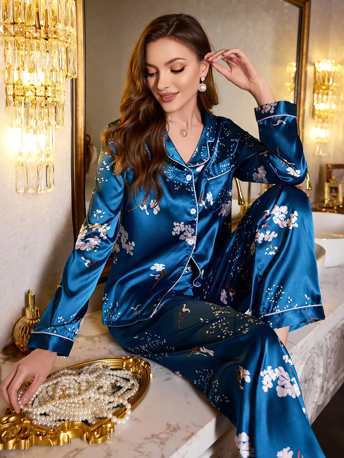 Women's Blue Satin Floral Printed Pajama Set - Comfortable & Stylish Nightwear
