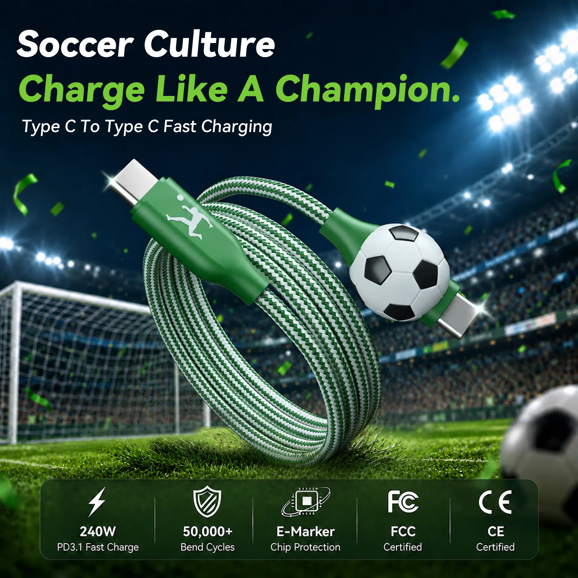 Enerzoom Ball-Inspired 3D Leather Texture Charging Cable — PD 3.1 Fast Charging, E-Marker Safe, c cord, Built for Gaming & Sports Culture Desk Setup usb-c data fast usb c usbc pd ultra-fast charging data sync  Birthday Gift for Men Women