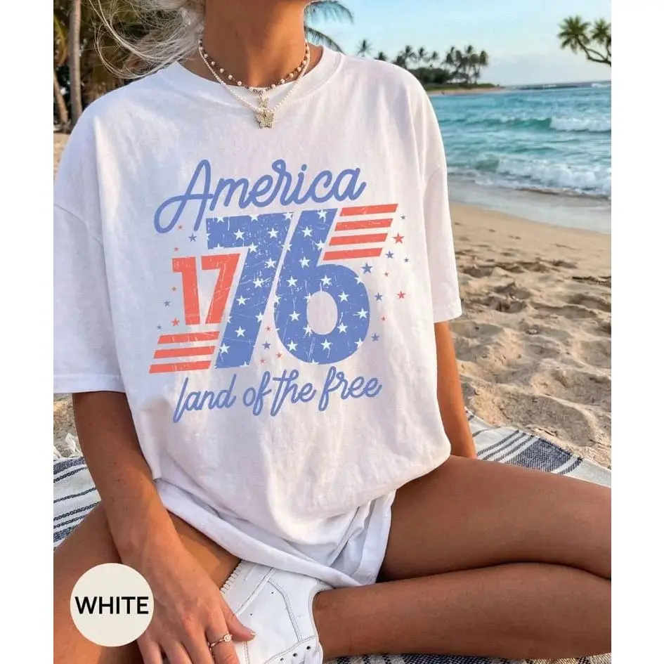 Retro America 4th Of July Shirt Preppy Land of Free Tshirt Trendy Oversized USA Tee Aesthetic Patriotic Summer Shirt
