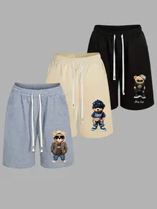 Men's Cartoon Bear Print Drawstring Waist Shorts, Graphic Print Shorts, Casual Regular Fit Shorts for Summer, Men's Bottoms for Daily Wear, Casual Comfy Shorts