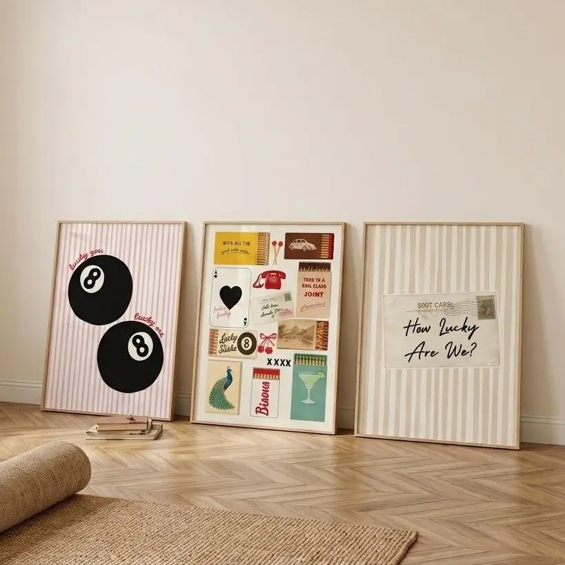 3-Piece Trendy Wall Art Set - Lucky 8 Ball Print, Retro Matchbook Art, How Lucky Are We Postcard Poster for Eclectic Gallery Wall Dopamine Home Decor