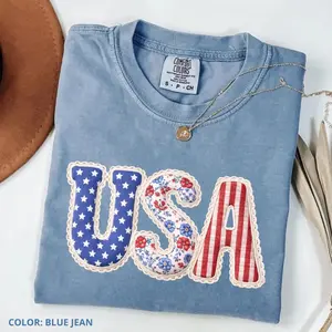 ( FAUX PATCHWORK-PRINT ) Comfort Colors PRINT 250th Anniversary Usa Faux Patchwork TShirt, 4th Of July T-Shirt, USA America TShirt, Semiquincentennial T-Shirt Flag Tee - TrendWear USA