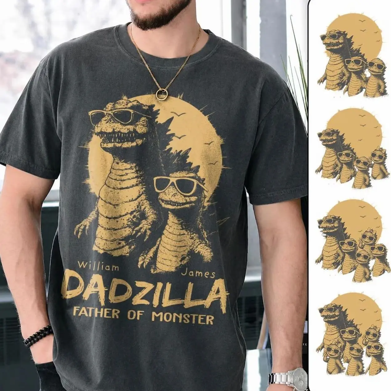 Menswear Dadzilla T-Shirt - Personalized (Note or DM), Streetwear Sport Shortsleeve, Funny Father's Day Gift for Dad, Premium Fabric Cool Dinosaur Tee, Graphics