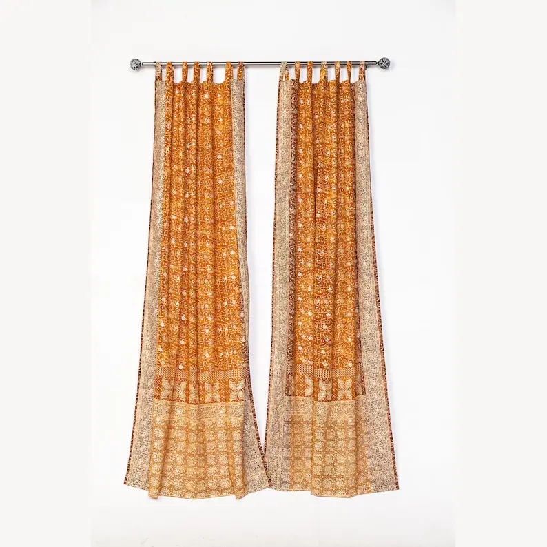 Light-Filtering Sari Curtains 84"/96"/108"L Boho Curtains, sheer drapes Bed Canopy, Amber Gold Window Treatment Living/Bedroom Customizable