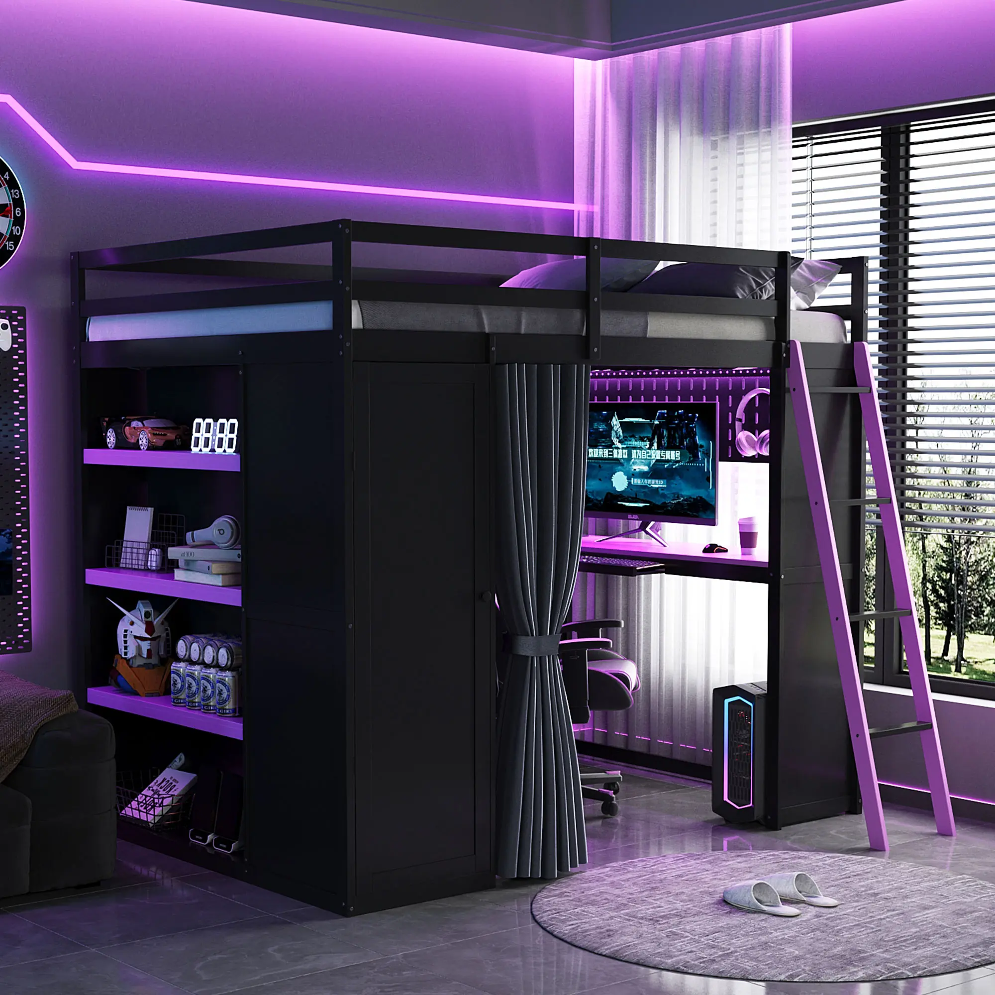 Full Size Wood Loft Bed with Desk, Wardrobe, Shelves, Blackout Curtains, and RGB Lights – Purple+Black