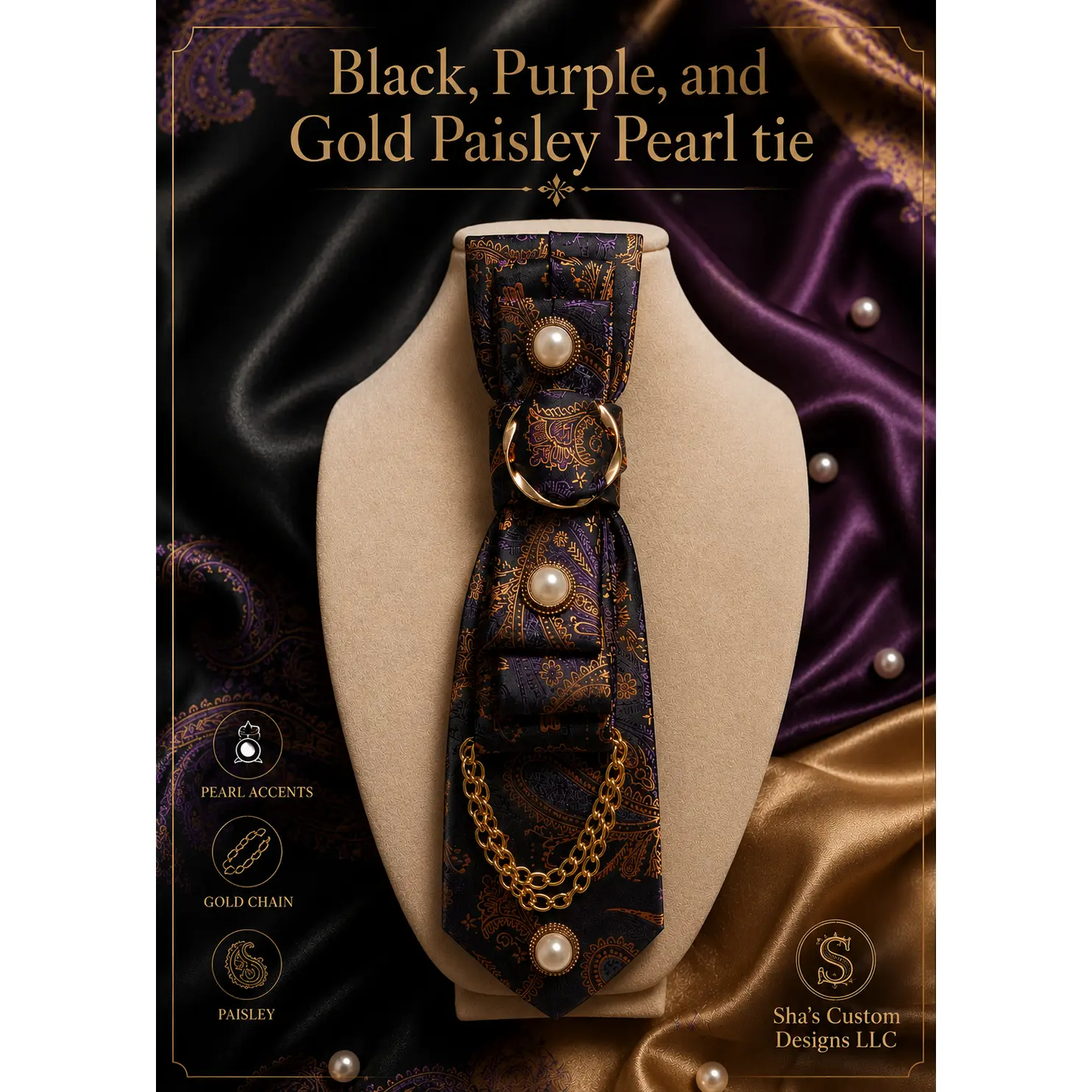 Black, Purple and Gold Paisley Pearl Custom Tie