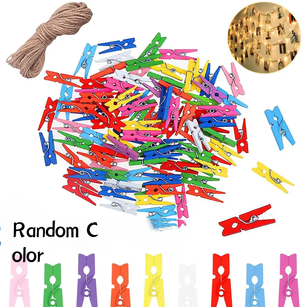 200Pcs 25mm/0.98In Tree-Derived Retro Natural Wooden Clips with 10m Jute Twine, Small Photo Clothespins Pegs for DIY Crafts, Wedding Home Decoration, Food Display