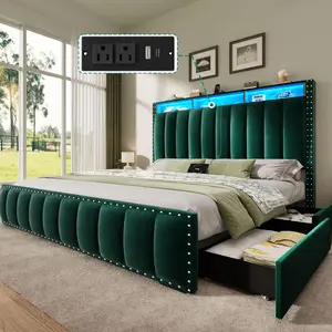 Queen Size Bed Frame with 4 Storage Drawers and RGB LED Lights, Velvet Upholstered Platform Bed with Charging Station and Bookcase Storage Headboard, No Box Spring Needed, Easy Assembly, Green