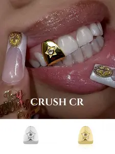 CRUSH CR 14K Gold Plated Sparkling Star Tooth Cap Grillz for Men Women Hypoallergenic Removable Perfect for Hip Hop Concerts, Music Festivals Club Nights Urban Street Style Perfect Birthday Anniversary Graduation Holiday Gift Ideal Bling Dental Jewelry