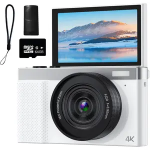 4K Digital Camera, 64MP Vlogging Camera for Photography with 3" 180? Flip Screen, 16X Compact Digital Camera with 64GB  SD Card for Beginner (White)