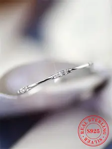 S925 Sterling Silver Rhinestone Decor Ring, Simple Design Promise Ring, Wedding Ring, Engagement Ring for Women, Fashion Engagement Rings, Fashion Jewelry for Party & Daily Decor, Anniversary Gift, with Gift Box