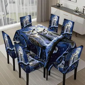 5/7-piece 2D Flat Printing Happy Winter Snowy Night with Two Owls Printing Pattern Tablecloth and Chair Cover Set, for dining table and chair decoration, perfect for home, holiday gatherings, restaurants, and parties.