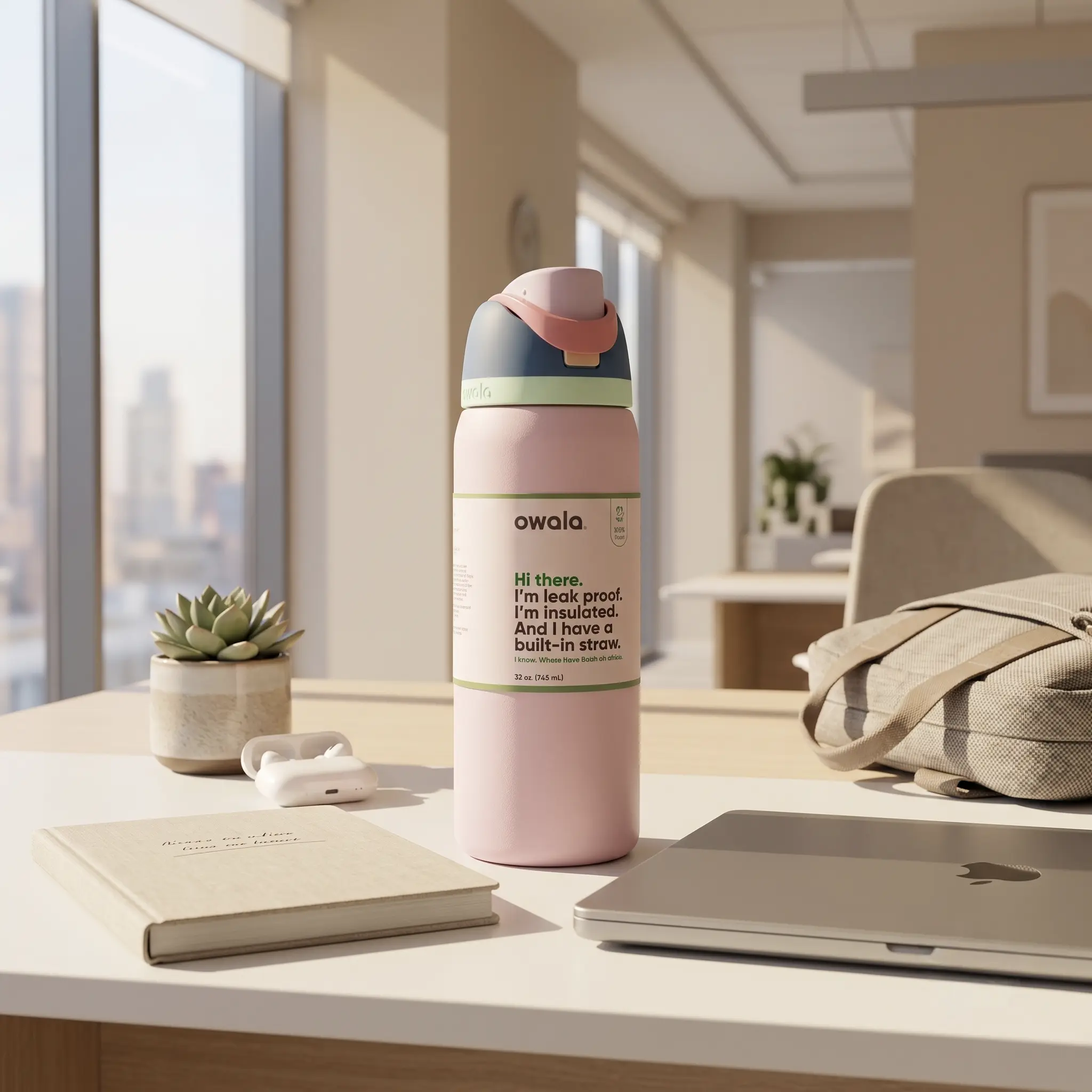 32 oz Pink Leak-Proof Insulated Vacuum Flask with Built-In Straw, Travel Kitchenware Drinkware for On-the-Go Hydration