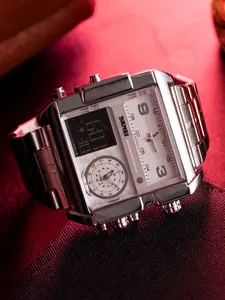 Vintage Three Dial Dual Display Watch, Analog Digital Wristwatch, Quartz Analog Wristwatch, Square Brushed Gold Face, Multi-Time Zone Design, Leather Strap, Men's Multifunctional Casual Wristwatch
