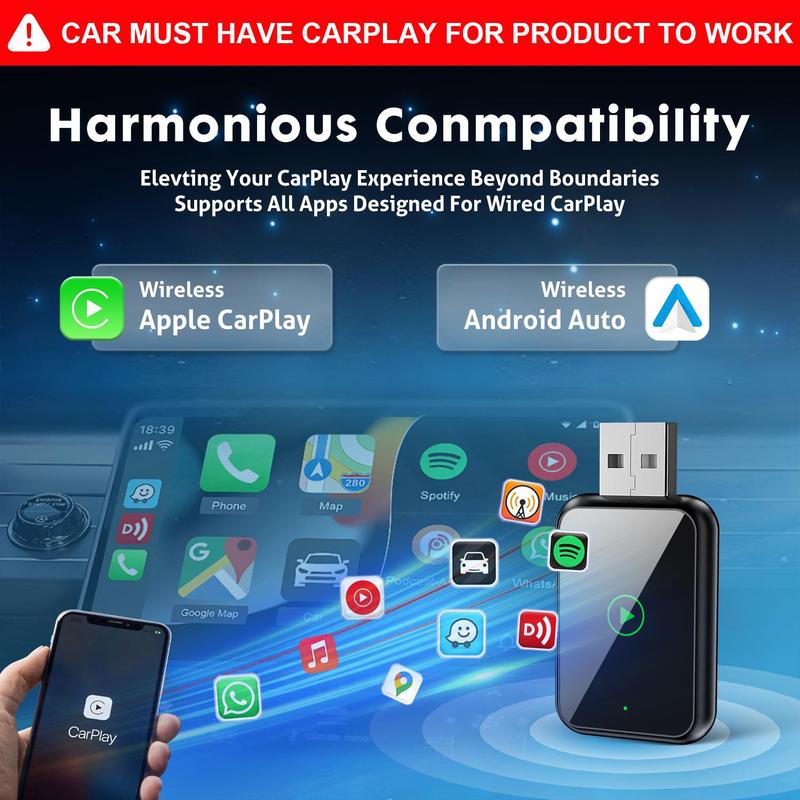 2026 Wireless CarPlay Adapter 2-in-1: Plug-and-play USB car connector, wired-to-wireless adapter compatible with iOS and Android systems. Note: This adapter is only suitable for vehicles that already have built-in wired CarPlay.