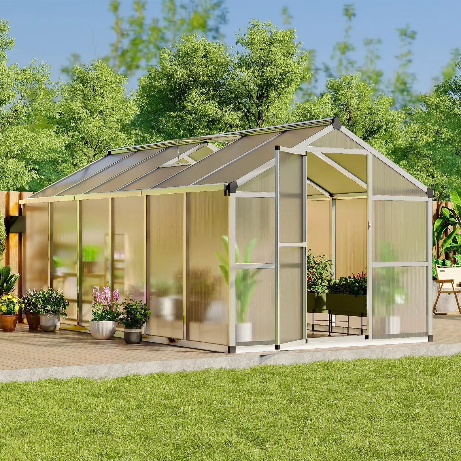 8x10 FT Heavy-Duty Silver Aluminum Frame Outdoor Greenhouse - Single Unit, Durable Polycarbonate Solid Panels, Lockable Door, Adjustable Roof Vent, Quick Setup, Weather-Resistant, UV-Resistant Outdoor Furniture (8x10 ft size)