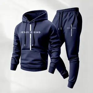 Men's "Jesus Is King" Printed Hooded Sweatshirt And Drawstring Sweatpants Set, Men's Casual Sportswear, Long-Sleeved Hooded Jacket And Pants, Suitable For Autumn And Winter Wear, Men's Everyday Wear.