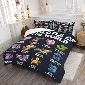 Cartoon Mexican Salamander Print Bedding Set, Hexagon Dinosaur Quilt Set with 1 Quilt and 1/2 Pillowcases, Bedroom Multi-Functional Decor