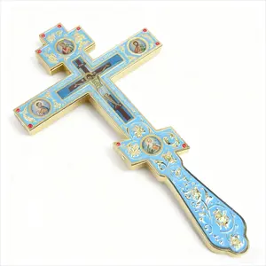 10.2 Inch Orthodox Cross Gold Plated Enamel Cross Design Jesus Crucifix with Saint Icons Handmade Eastern Orthodox Blessing Cross for Church Religious Gift Ornaments Religious Decoration Religious Home Decor Cross Decorations