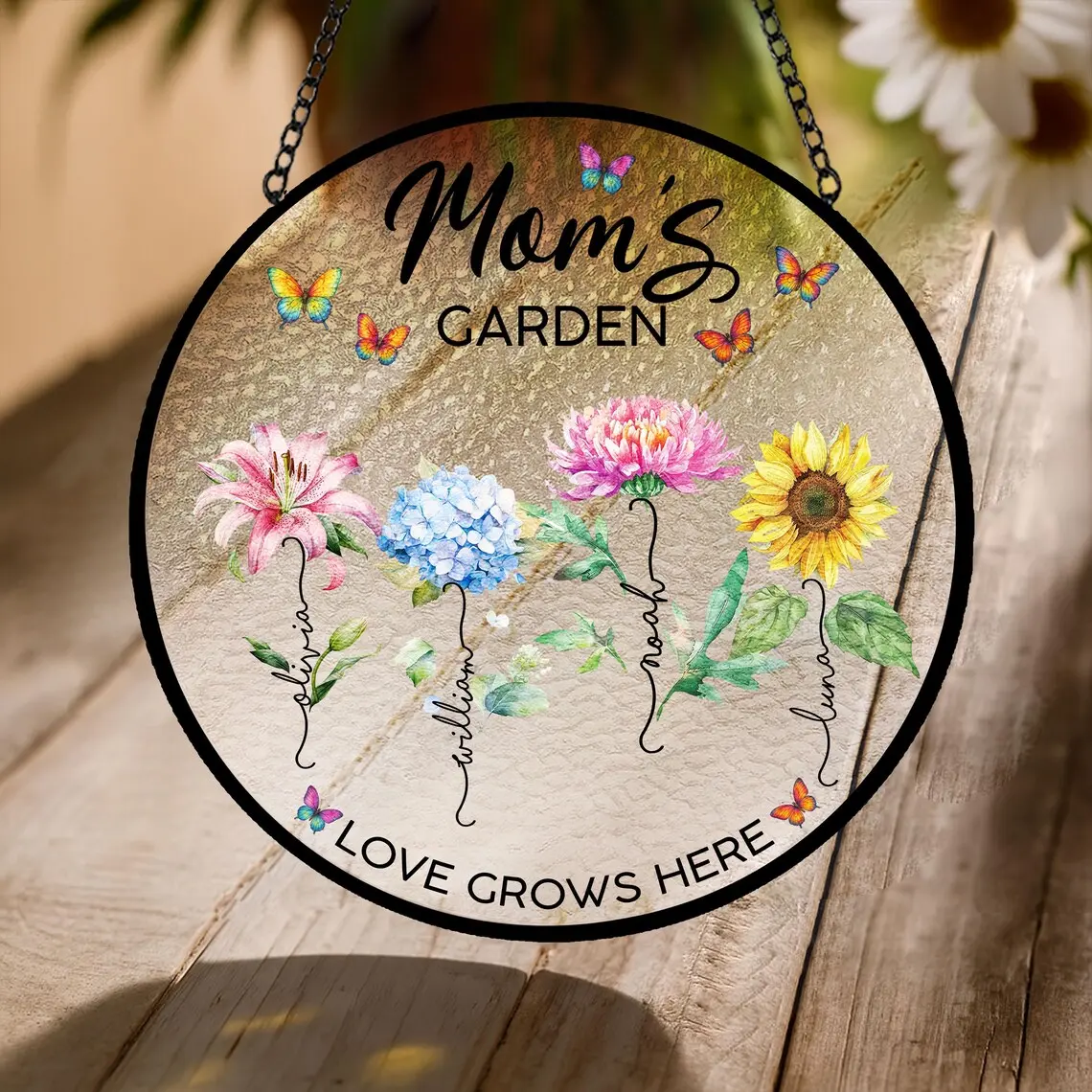 Personalized Nana's Garden Stained Glass Suncatcher | Custom Family Flower Names | Grandma Mother's Day Gift | Floral Window Decor