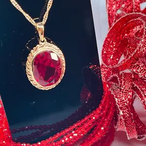 14k Diamond Cut Oval Shape Pendant with Red Elegant Ruby, Singapore 8 Inch Necklace with Extender 14k Plated