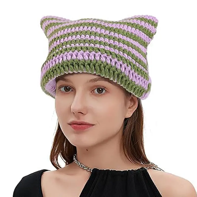 Cute Cat Ear Slouchy Crochet Beanie Vintage Fox Striped Knitted Winter Hat Soft Warm Grunge Fashion Headwear Accessories