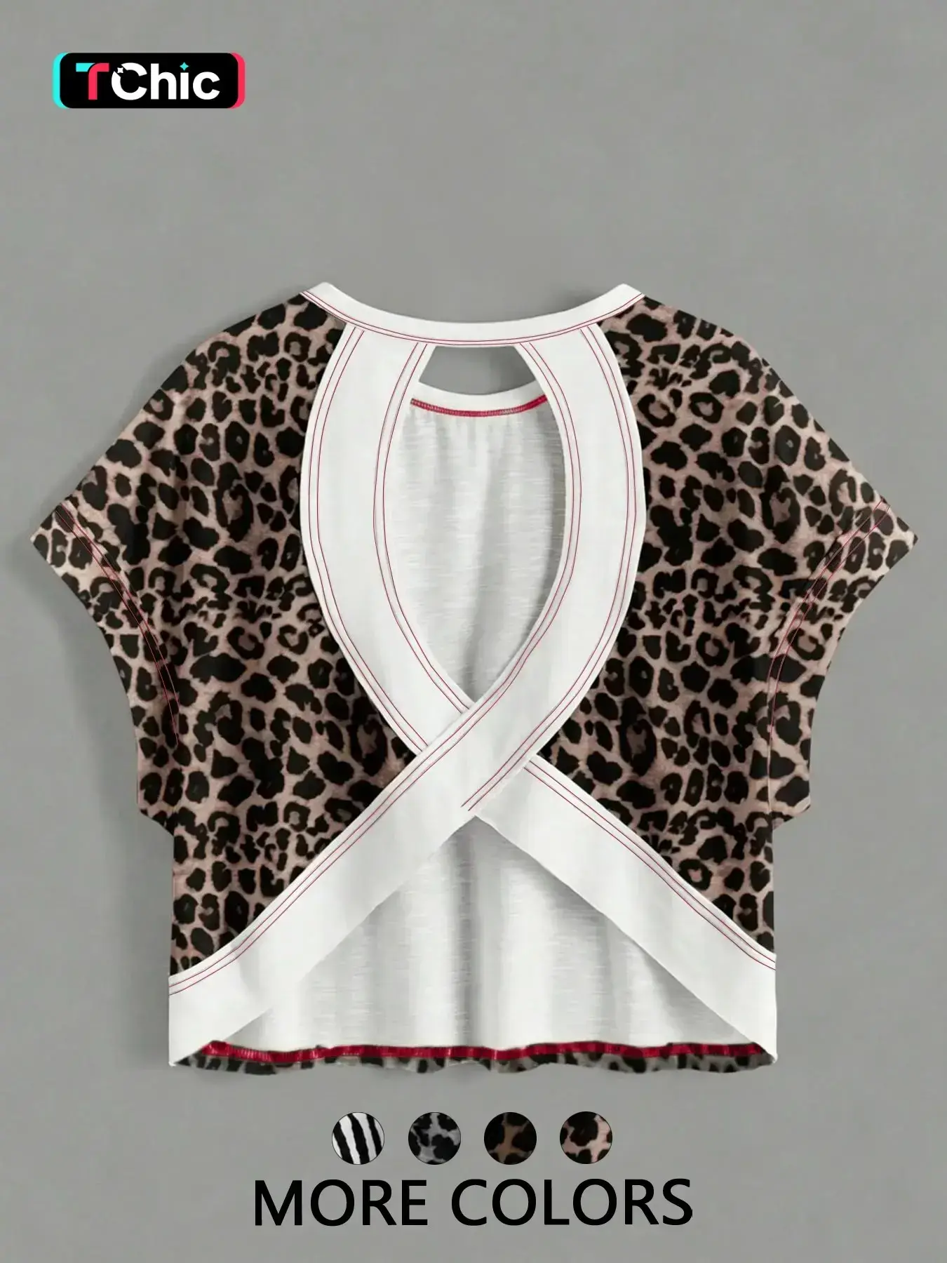Women's Leopard Print Criss Cross Back Cutout Crop Top, Batwing Sleeve Loose T-Shirt, Y2K Baddie Streetwear, Party & Music Festival Tops