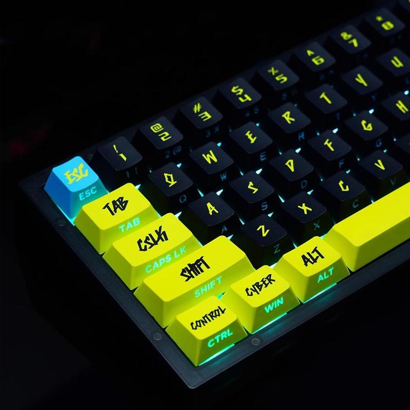 Cyberpunk Theme Keycap, 1 Set 129 Keys OEM Height PBT+PC Material Side Engraving Light Transmission Process Keycap, Universal Gaming Keyboard Keycap, RGB Backlight Keycap
