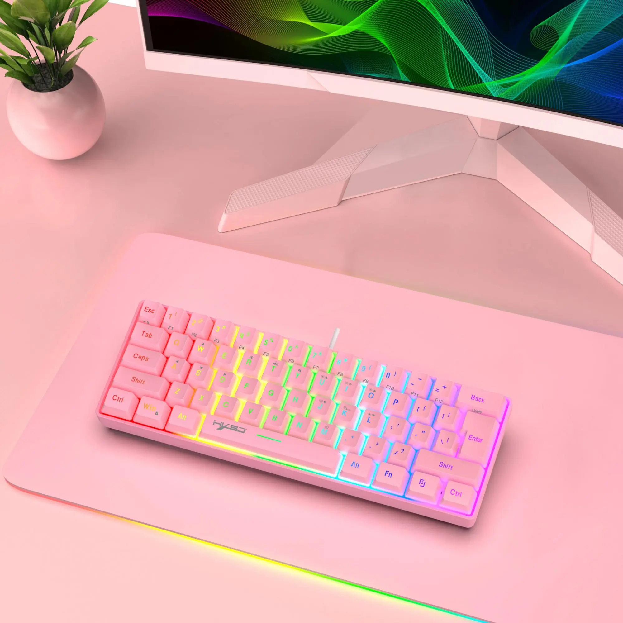 HXSJ Mini 60% Gaming/Office Keyboard, Waterproof Keycap Type Wired RGB Backlit Compact Computer Keyboard, Suitable for Windows/Mac/Laptop RGB Backlight Rainbow Keyboard, Led Backlit Keyboard, Light Up Keyboard