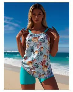 Women's Tankini Swimsuit with Shorts Turquoise Shell Print - Cute 2 Piece Bathing Suit for Women, Ruched Top, Quick Dry Beachwear