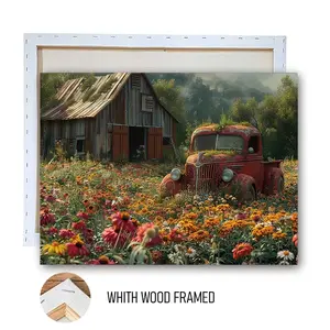1pcs FRAMED Vintage Country Style Red Truck and Barn Floral Canvas Wall Art American Landscape Painting with Solid Wood Frame for Living Room Entryway Home Decor Home Decor