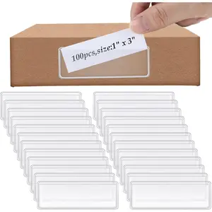 100 count Label Holder Self Adhesive Clear Pocket 3x1 Inch Plastic Shelf Tag Sticking Index Card Pocket for Supermarket Library Kitchen Business Bookshelf Mailbox File Cabinet Storage Bin