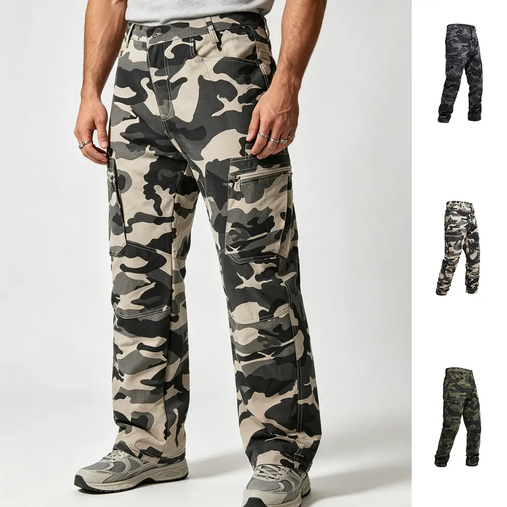 American rugged work pants made from polyester fabric, featuring multiple layers and side pockets; wear-resistant and durable for urban functional outdoor travel.