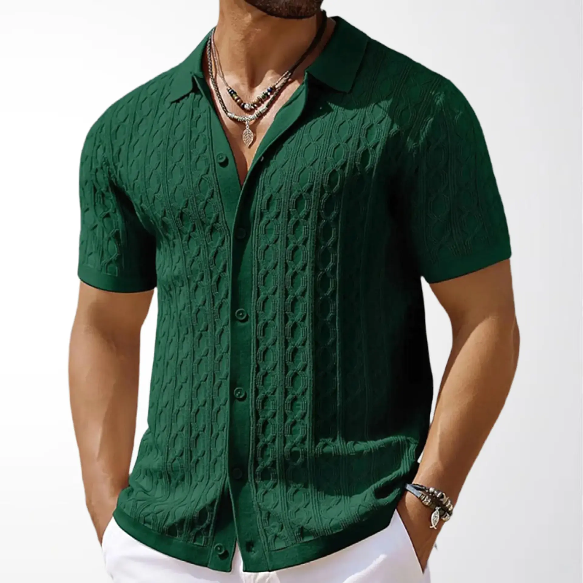 Men's  Cable Knit Short Sleeve Button-Down Shirt with Button Front and Short Sleeves Casual Green